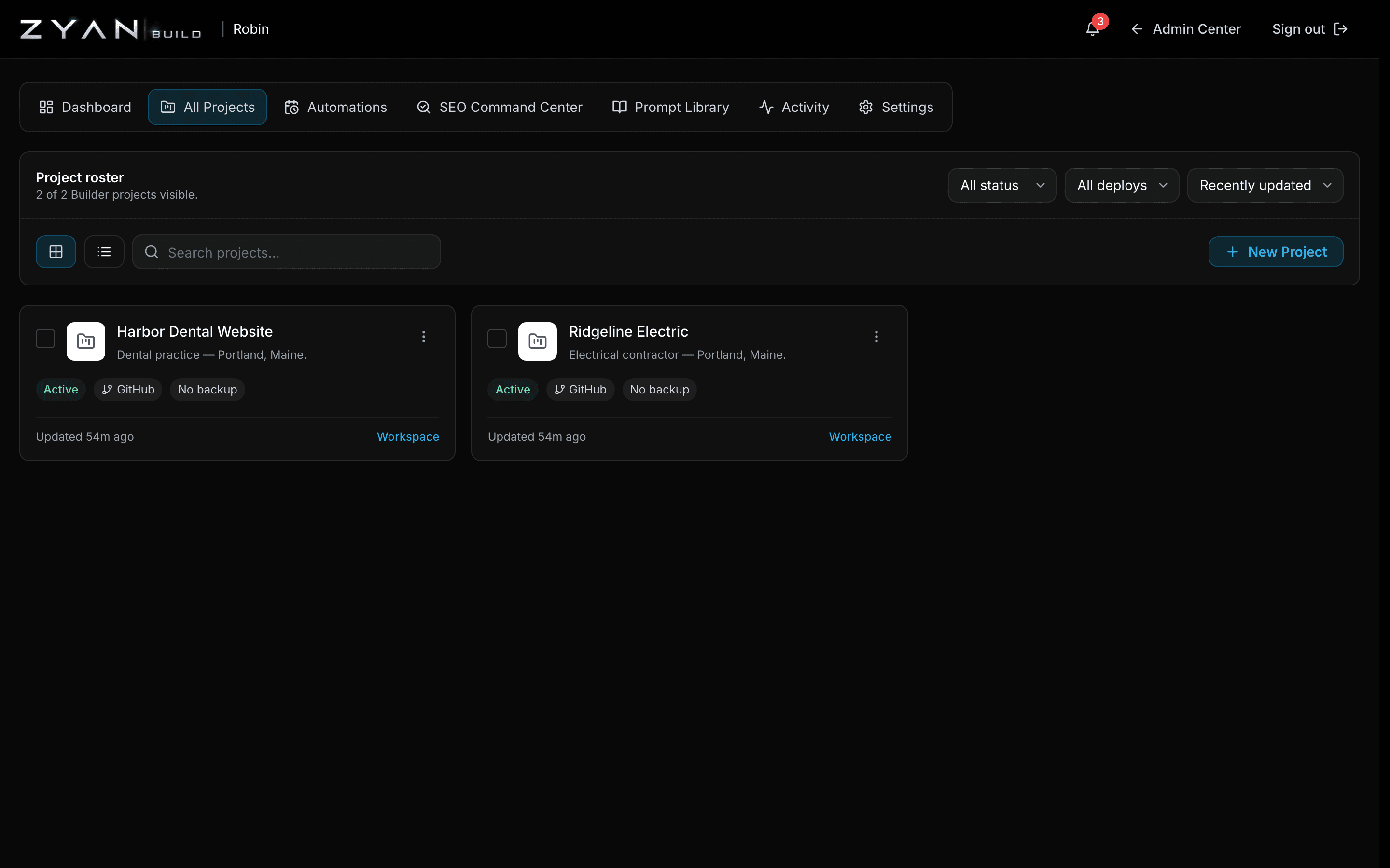 The Builder project roster with two projects, each showing status, git connection and backup state