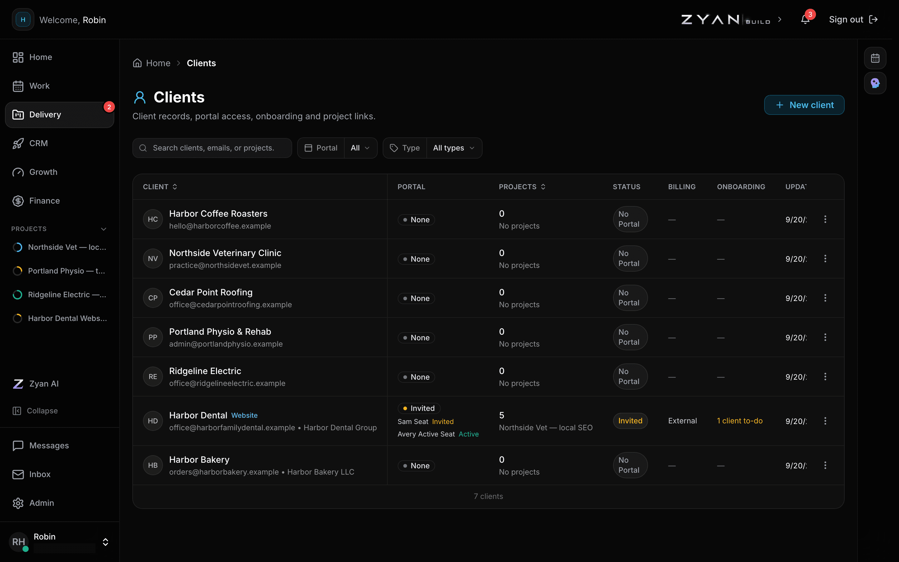 The Clients list with portal state, project counts, billing and onboarding columns