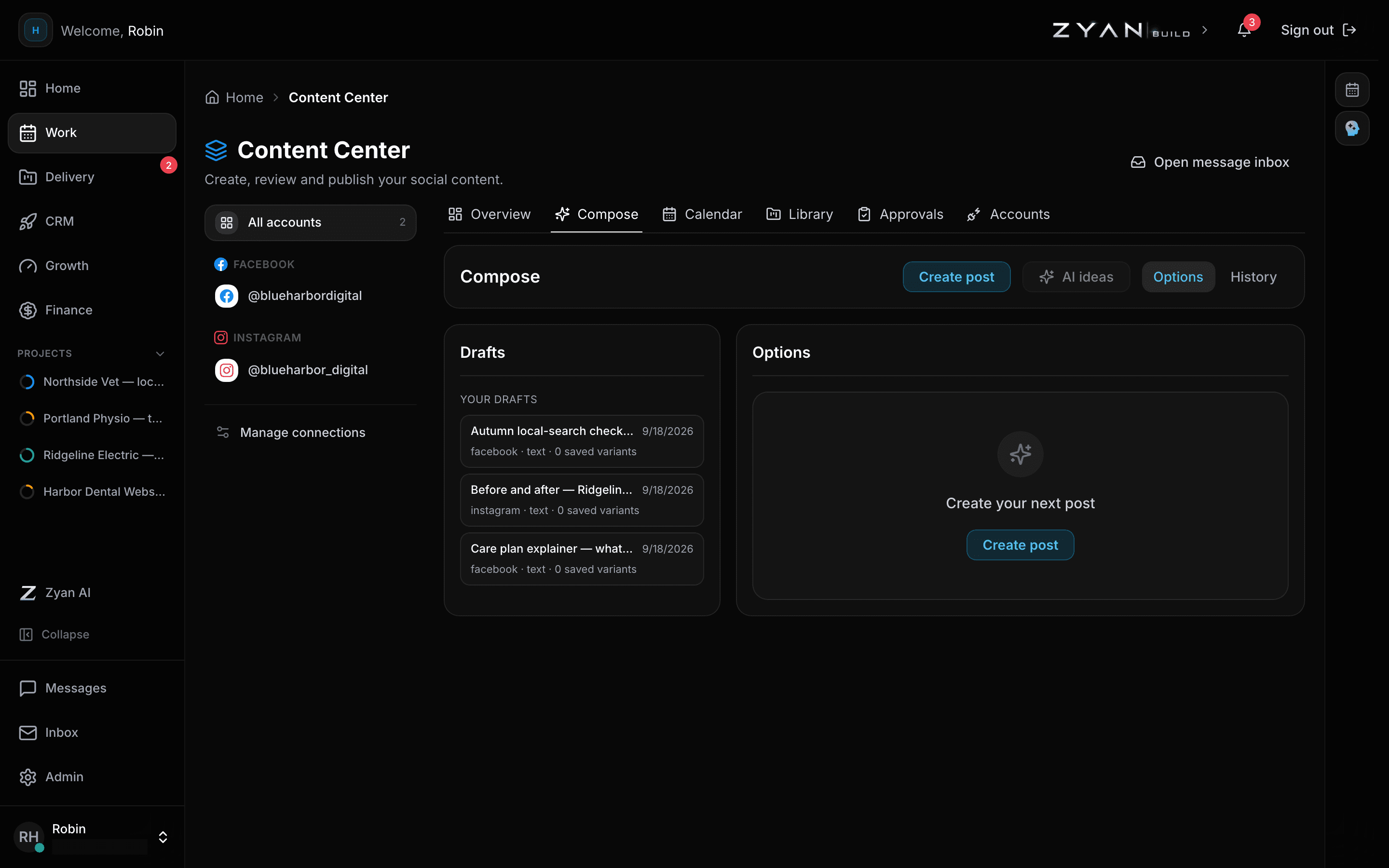 The Compose tab with the account rail, the drafts column and the options panel