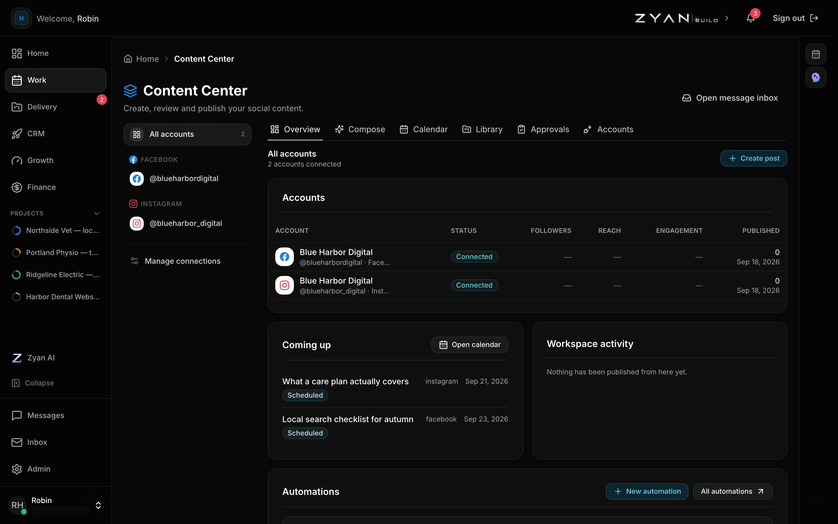 The Content Center overview with connected publishing accounts, upcoming scheduled posts and workspace activity