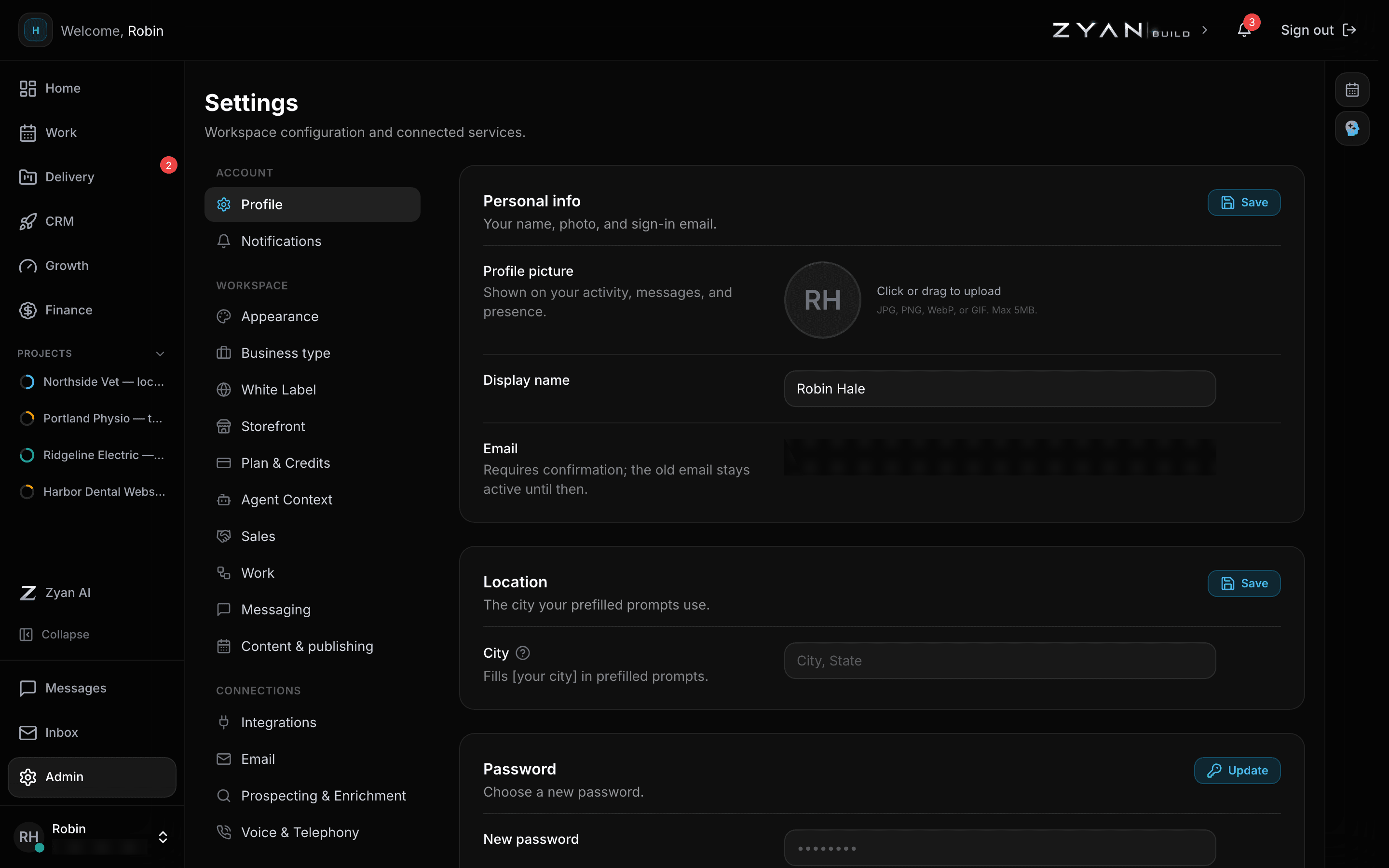 Workspace settings with the settings rail on the left and the personal info card open