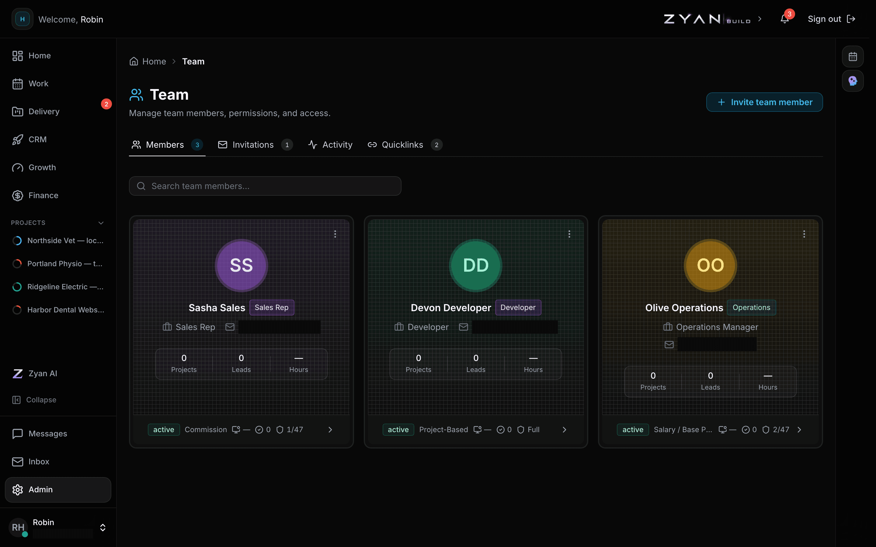 The Team page showing member cards with role badges, job titles and per-member counters
