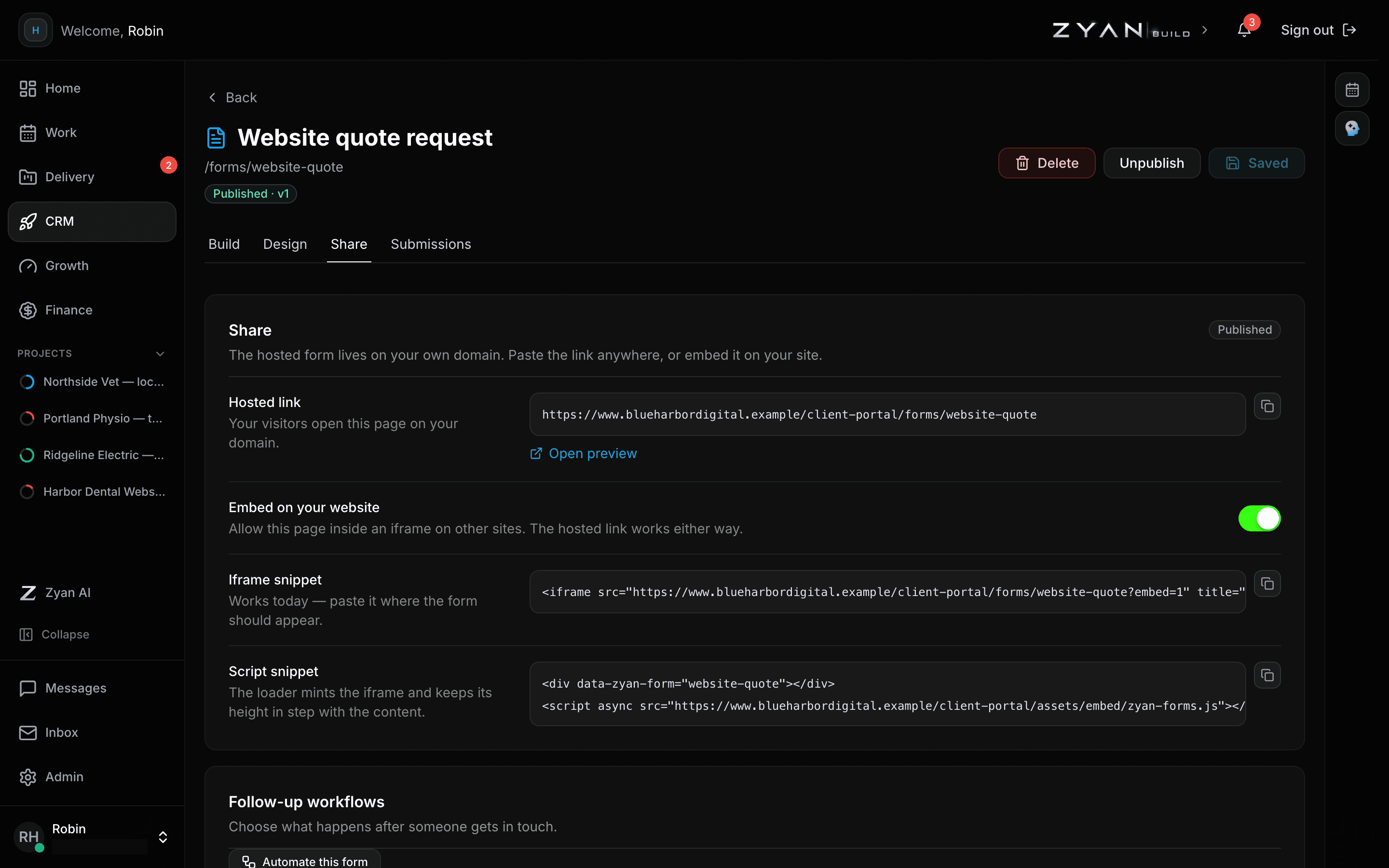 The Share tab of a published lead form, showing the hosted link, the embed toggle, the iframe snippet and the script loader snippet