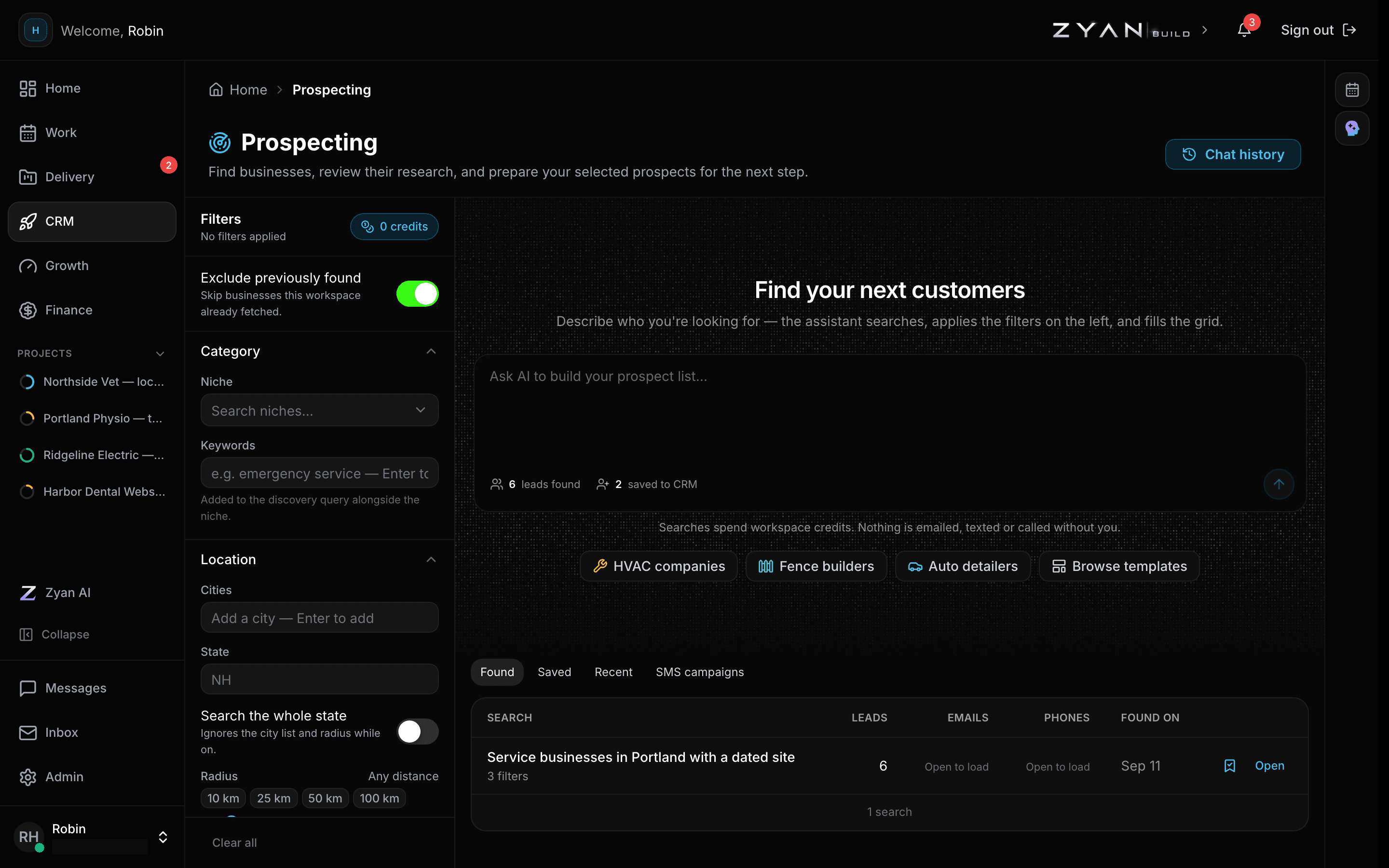 The Prospecting page with the filter rail, the assistant composer and a saved search