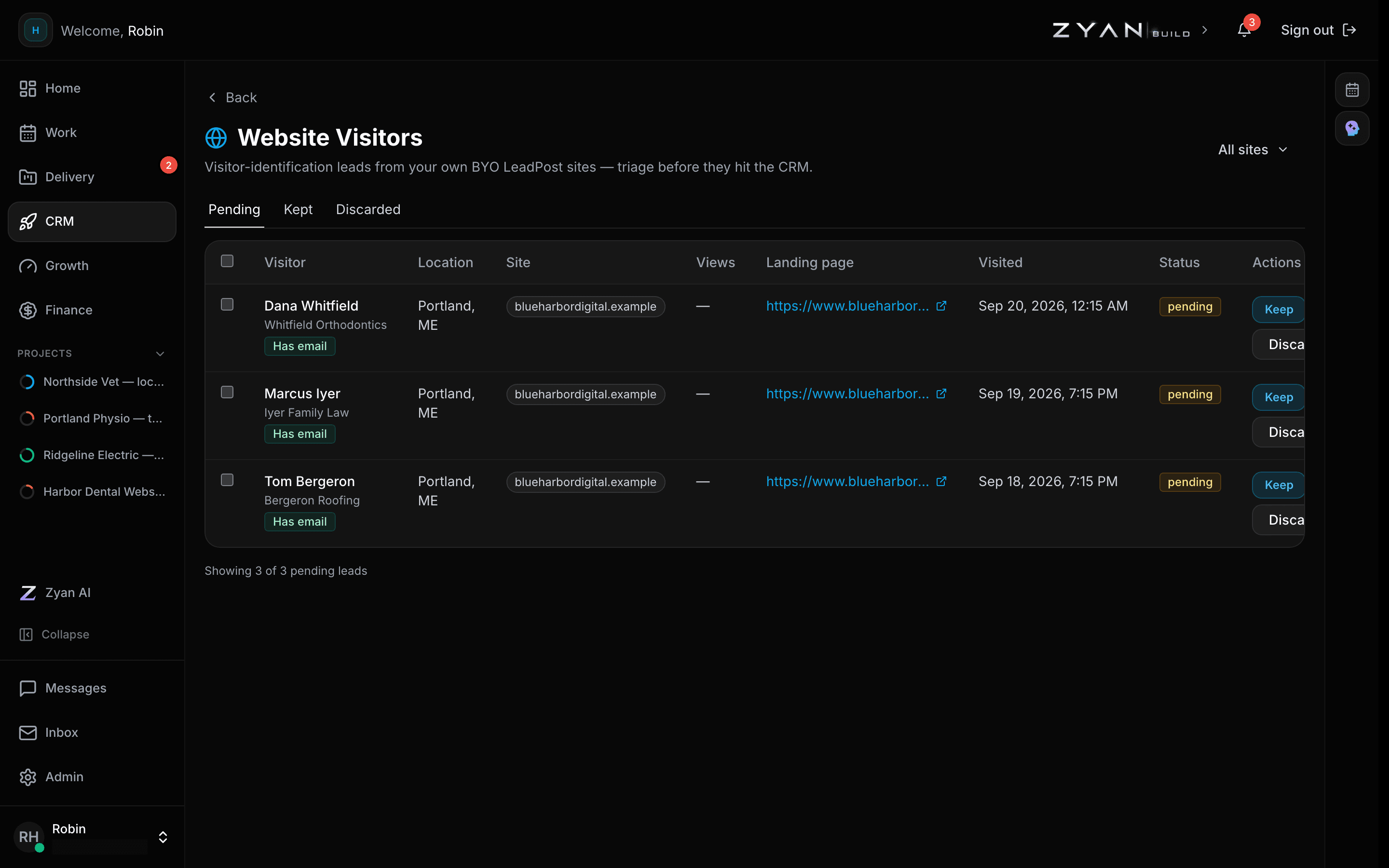 The Website Visitors triage inbox with pending identified visitors, the page each landed on, and Keep and Discard actions