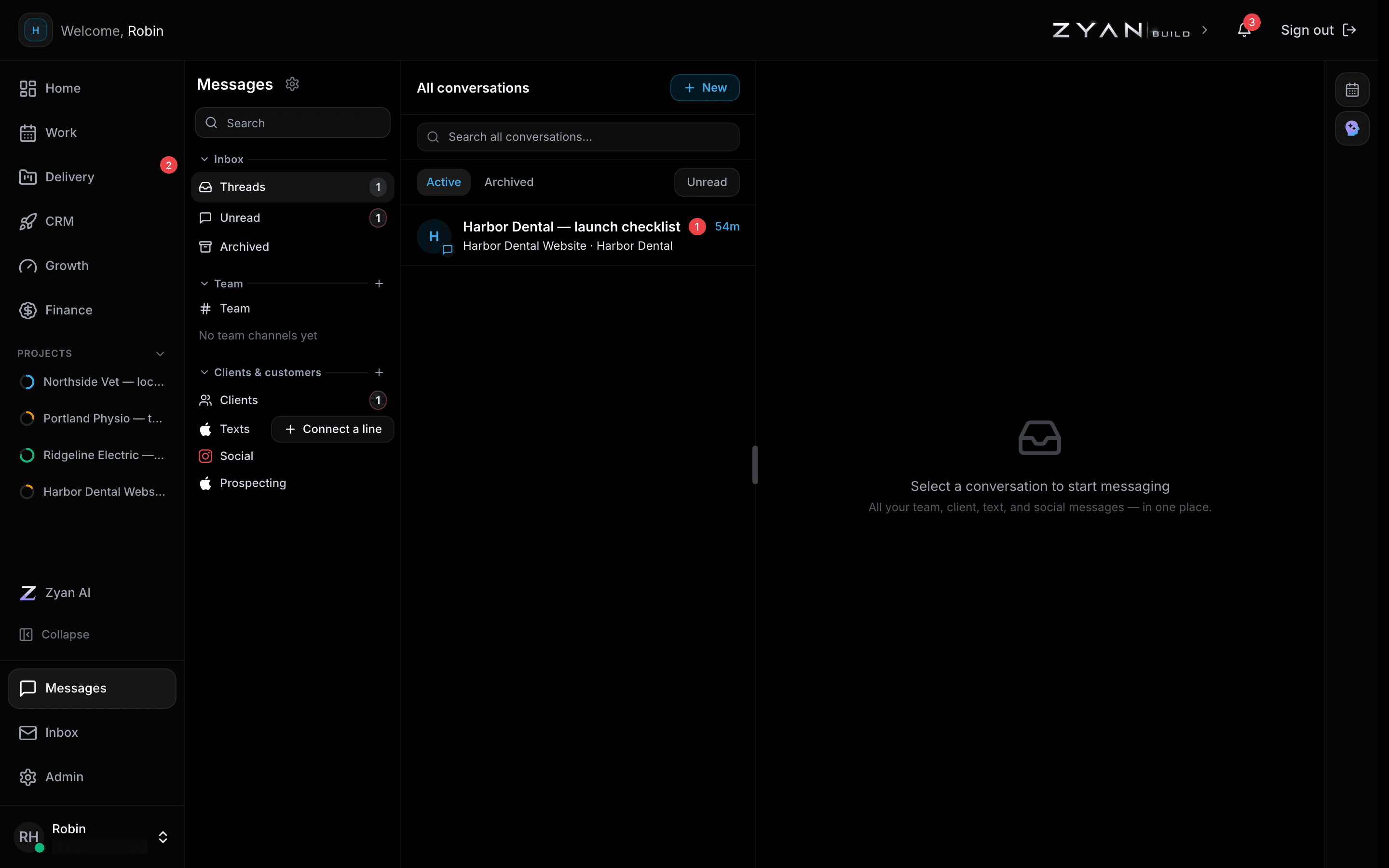 The Messages hub with the channel rail, the conversation list and the empty reading pane