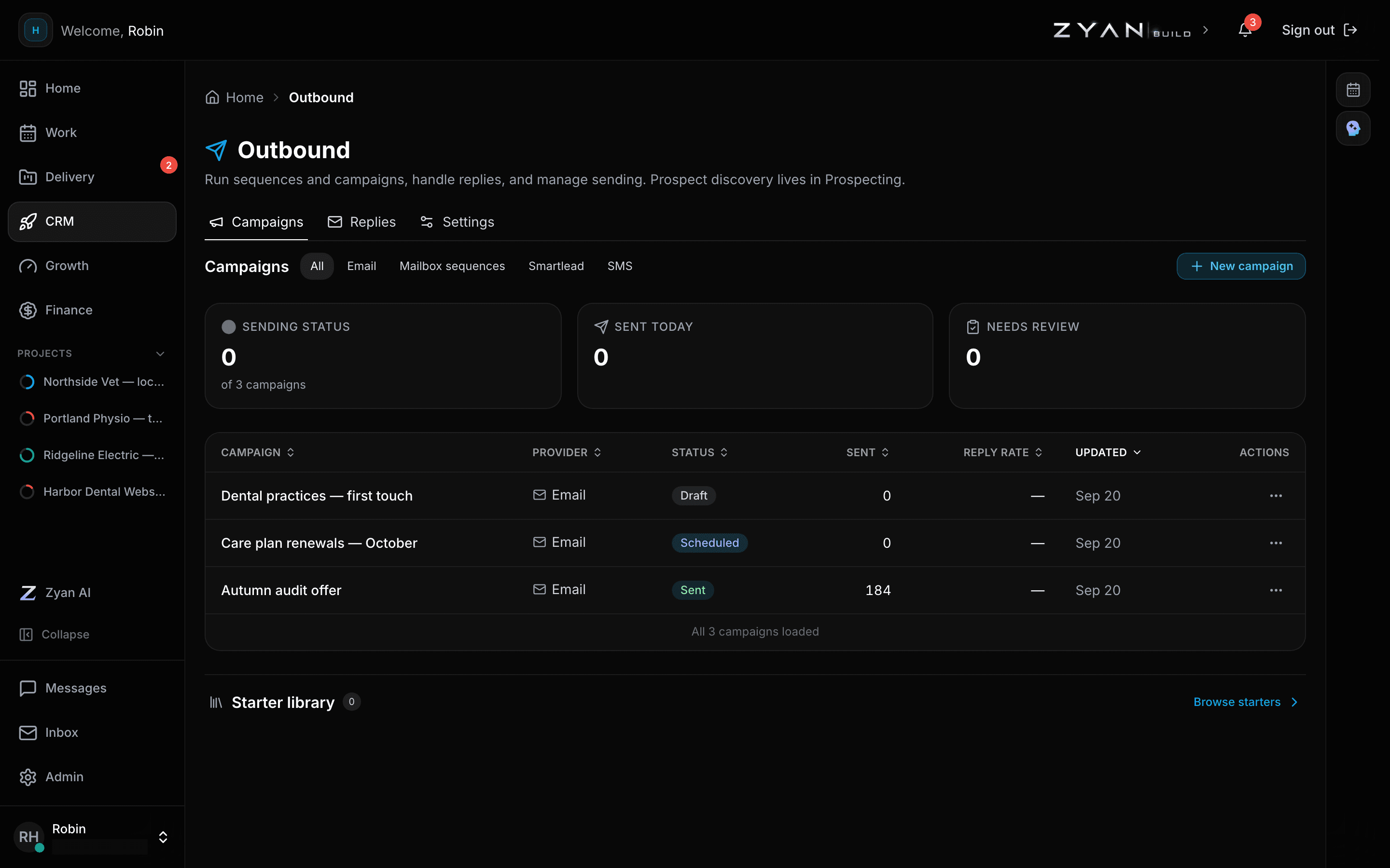 The Outbound campaigns tab with the sending-status cards and every channel's campaigns in one table