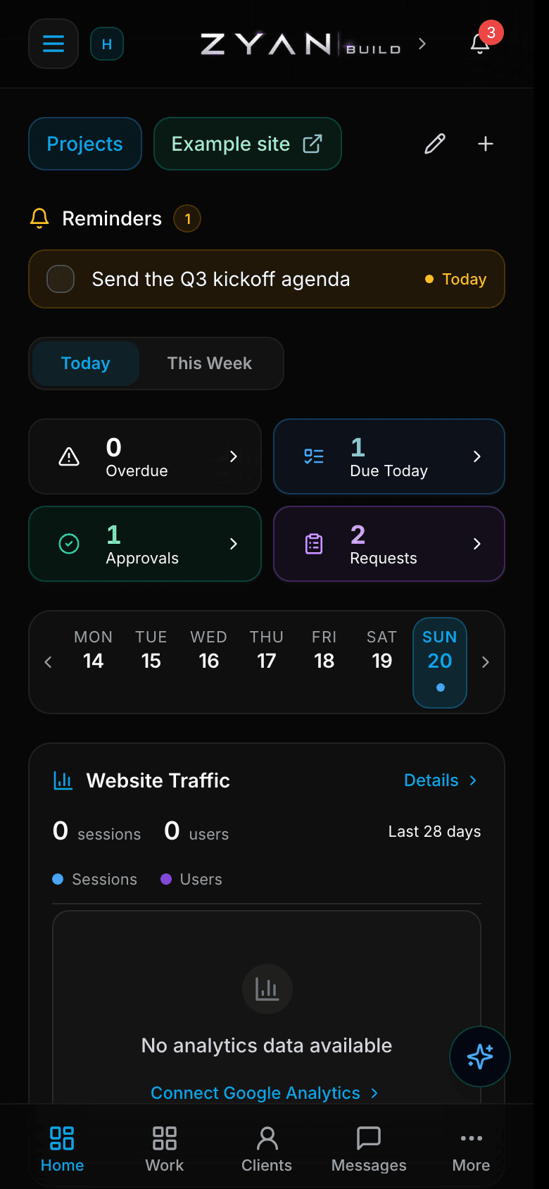 The Command Center on a phone, with the reminders strip, the counters stacked two-up and the week selector
