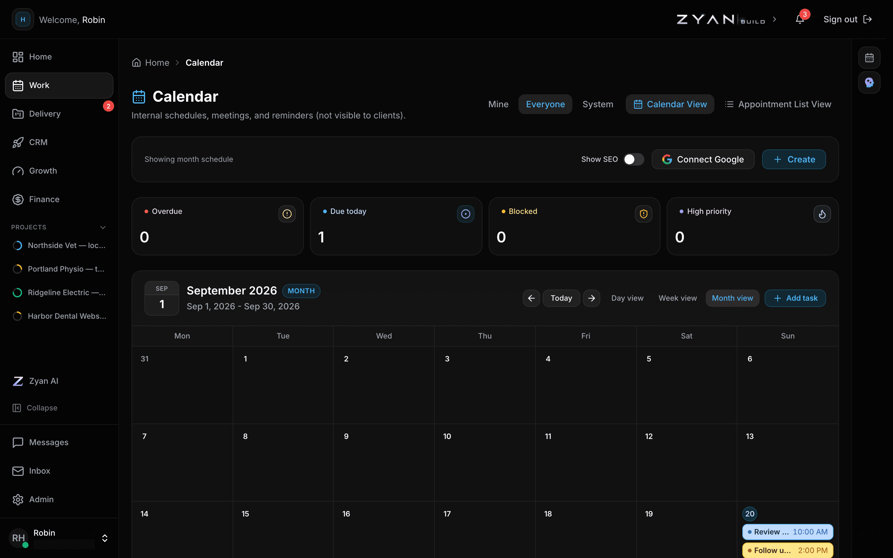 The admin calendar in month view with the overdue, due today, blocked and high priority counts above it