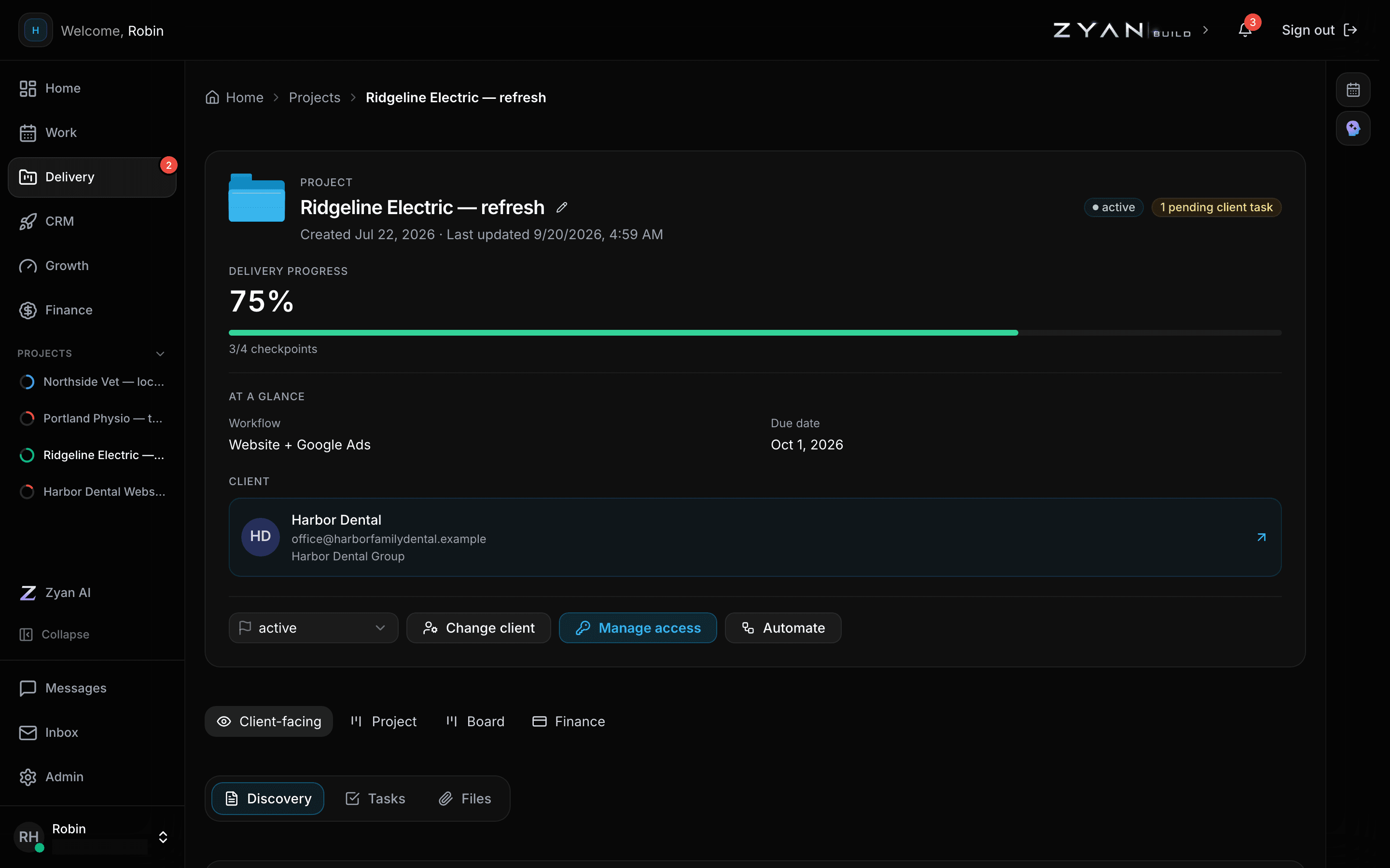 A project detail page showing delivery progress, the workflow and due date, the linked client and the project tabs