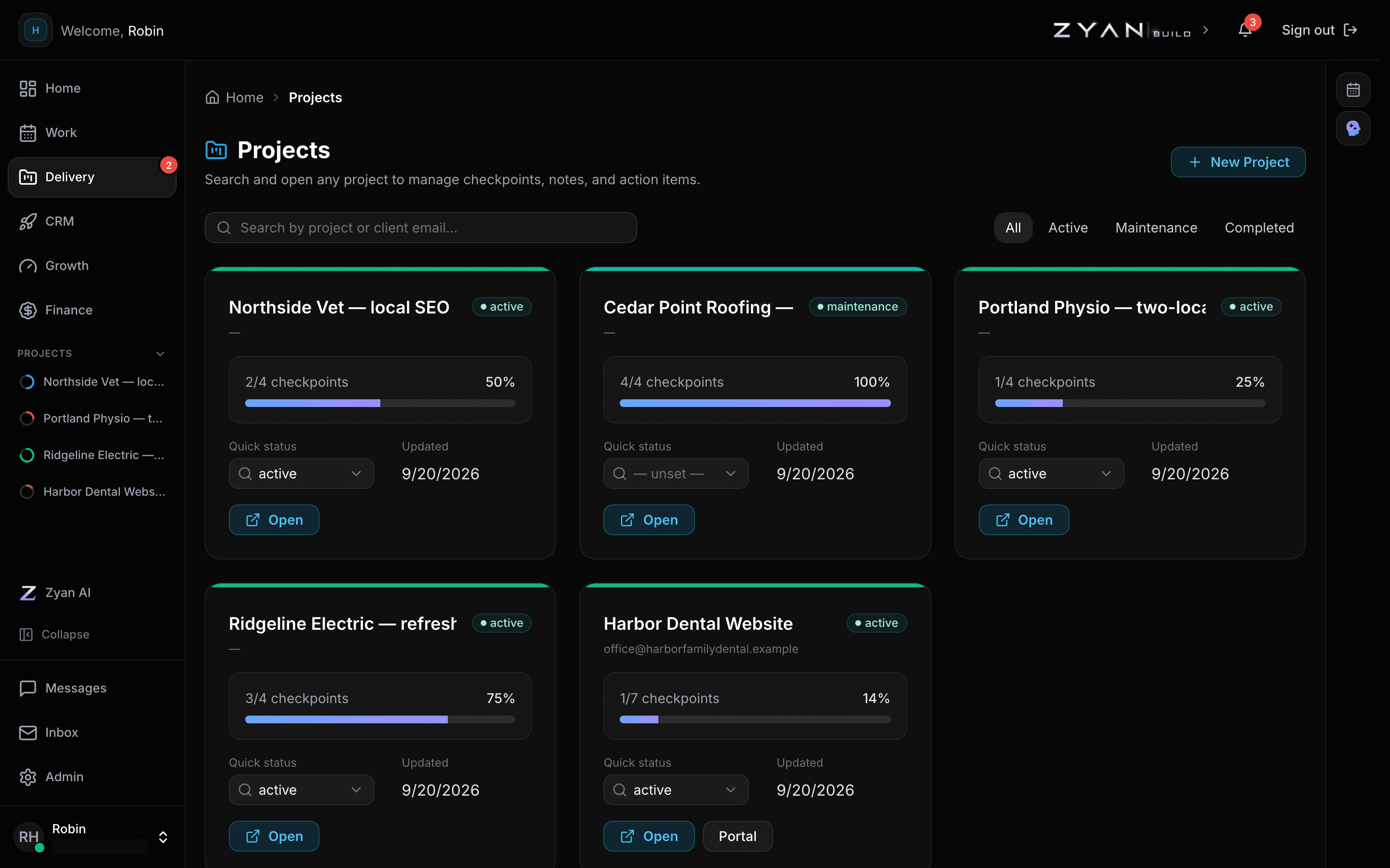 The Projects list as cards, each showing checkpoint progress, status and the last update