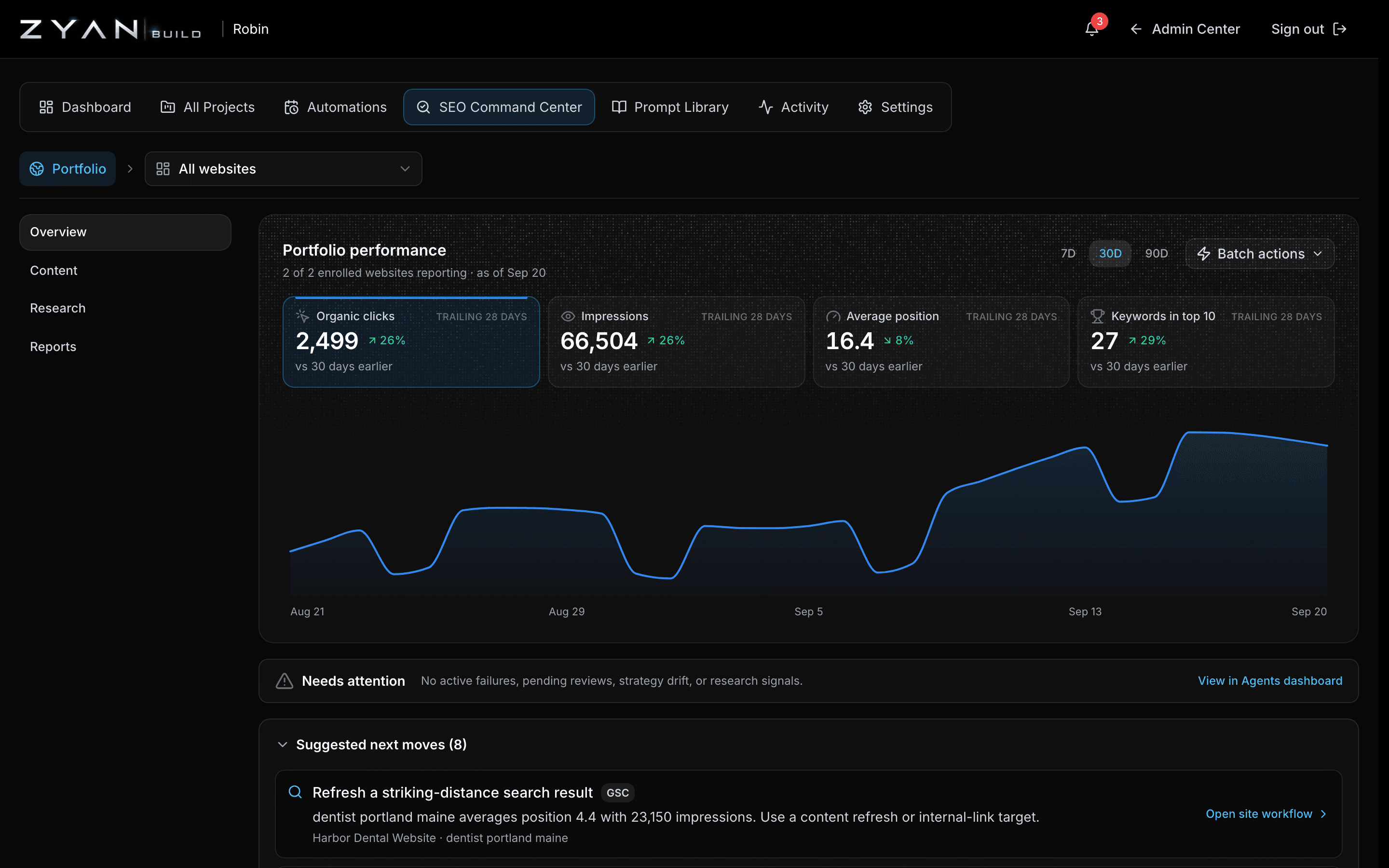 The Suggested next moves queue expanded, showing a striking-distance recommendation with its evidence and a link into the site workflow