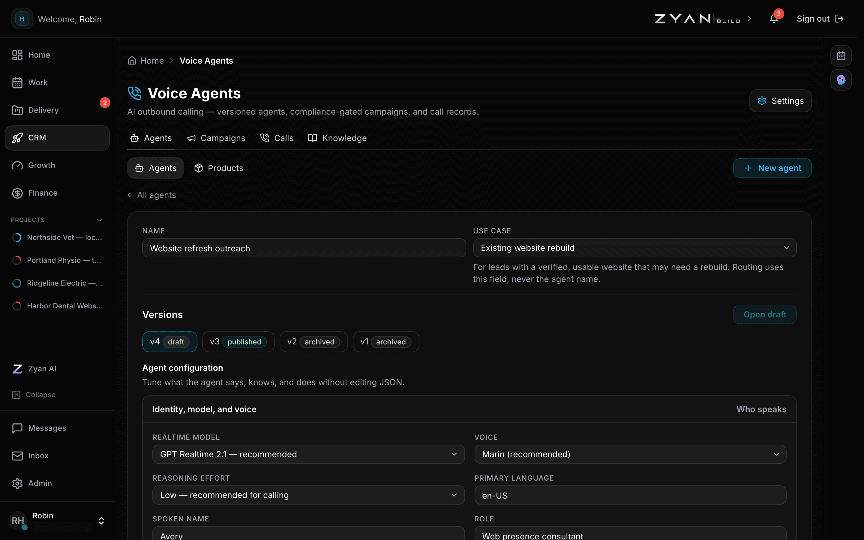 The voice agent editor showing the name and use case, the version history, and the identity, model and voice section