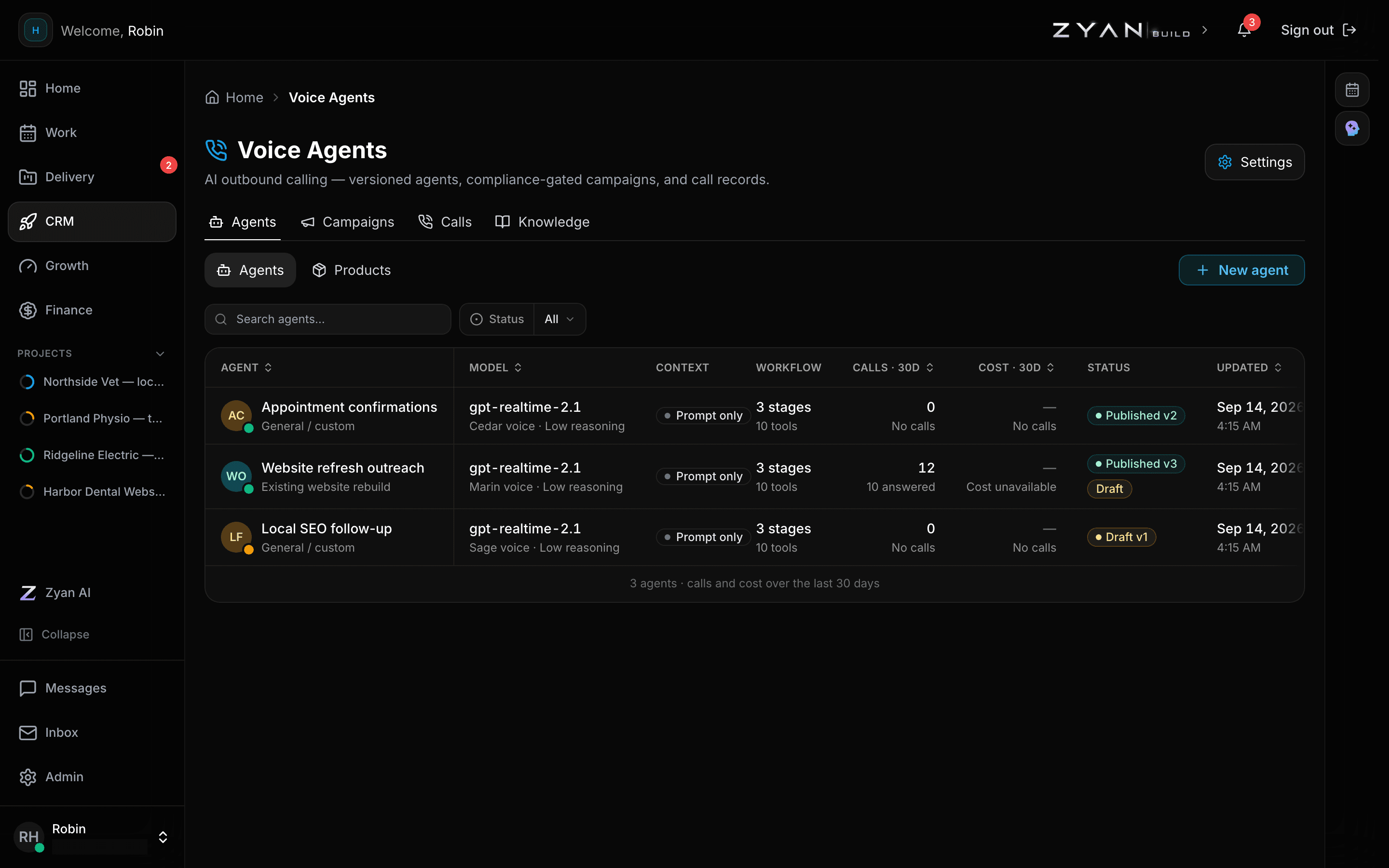 The Voice Agents roster showing three agents with their model, voice, stage count, call volume and publish status