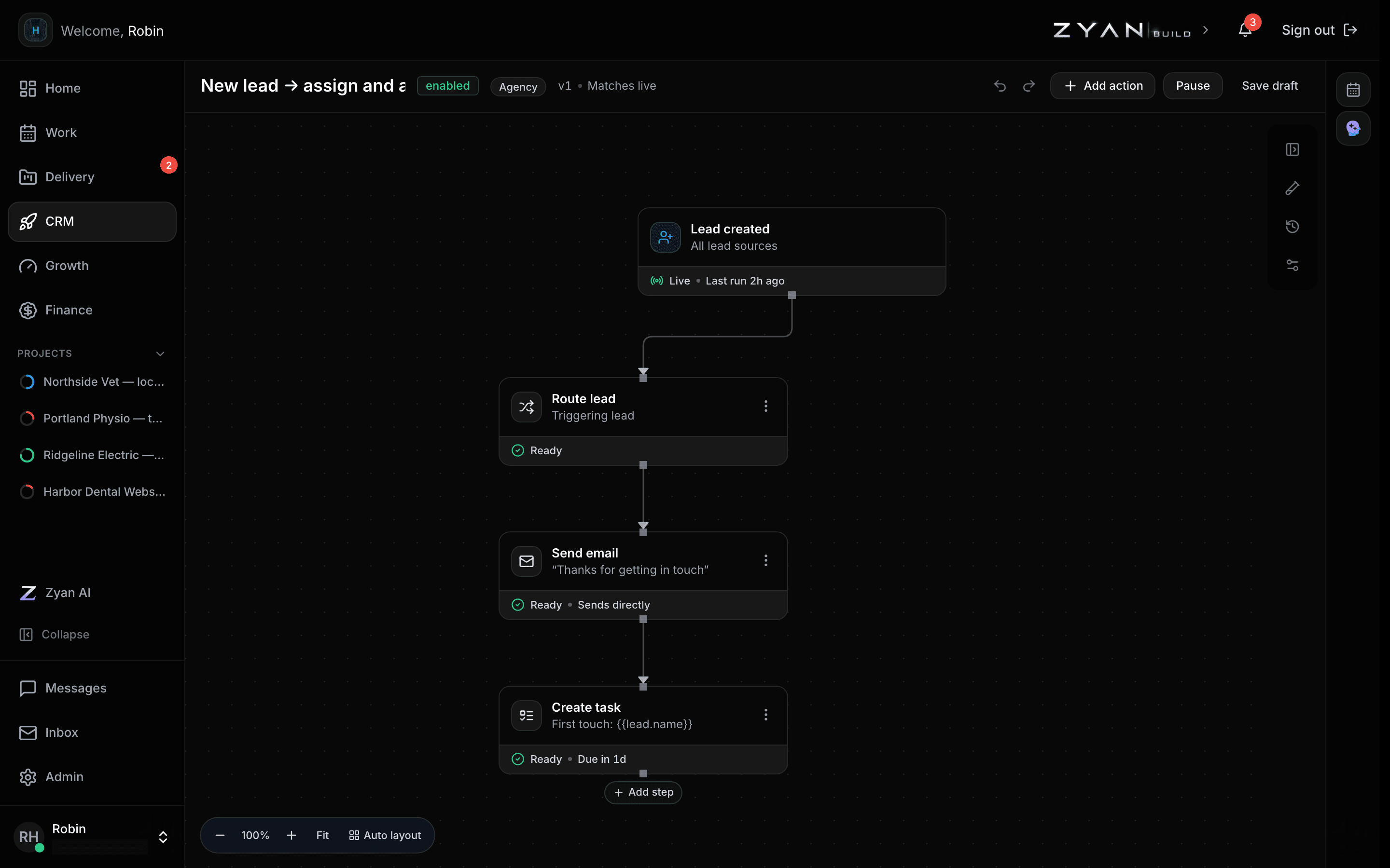 The automation editor canvas showing a lead-created trigger followed by route lead, send email and create task steps