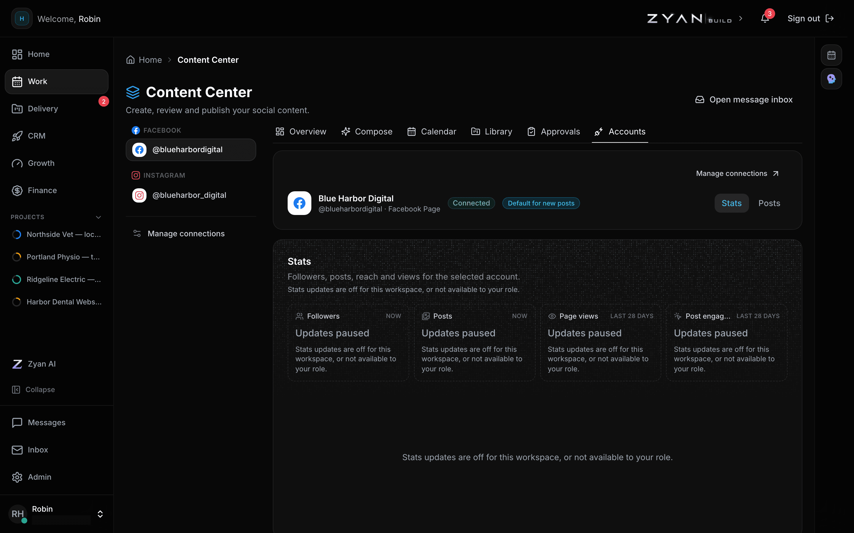 The Accounts tab showing a connected Facebook page with its status and the stats panel