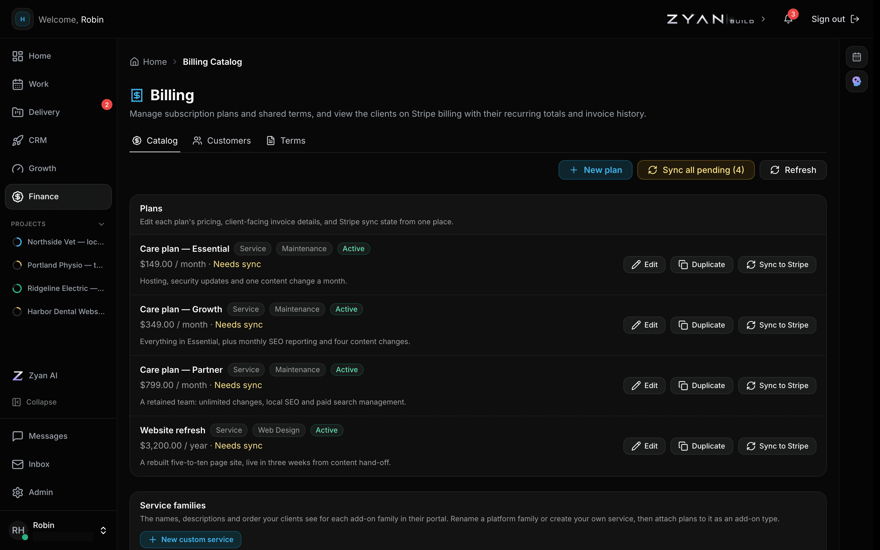 The billing catalog showing four service plans with price, interval, status and Stripe sync state