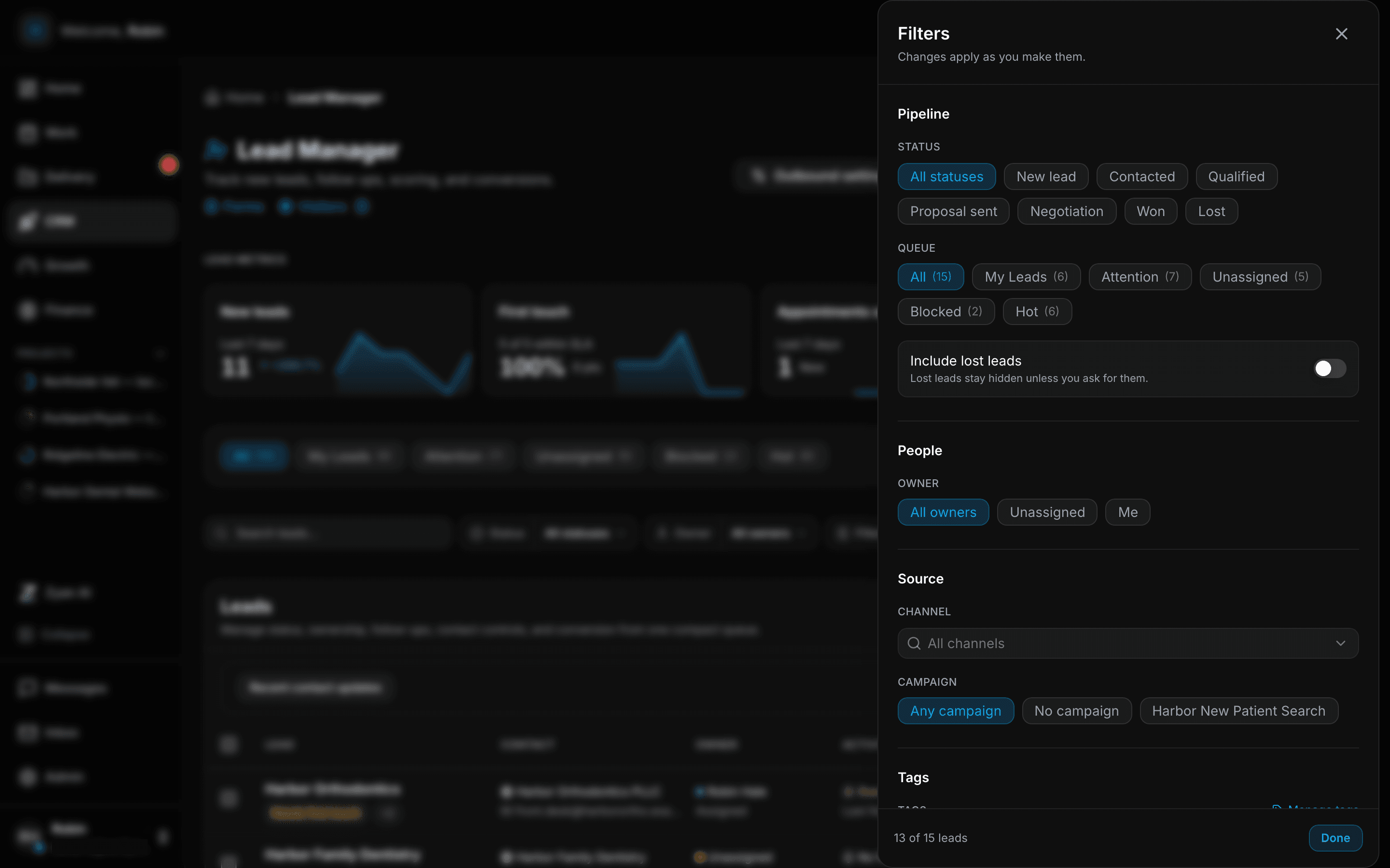 The Filters drawer open over the queue, showing Pipeline, Queue, People, Source and Tags