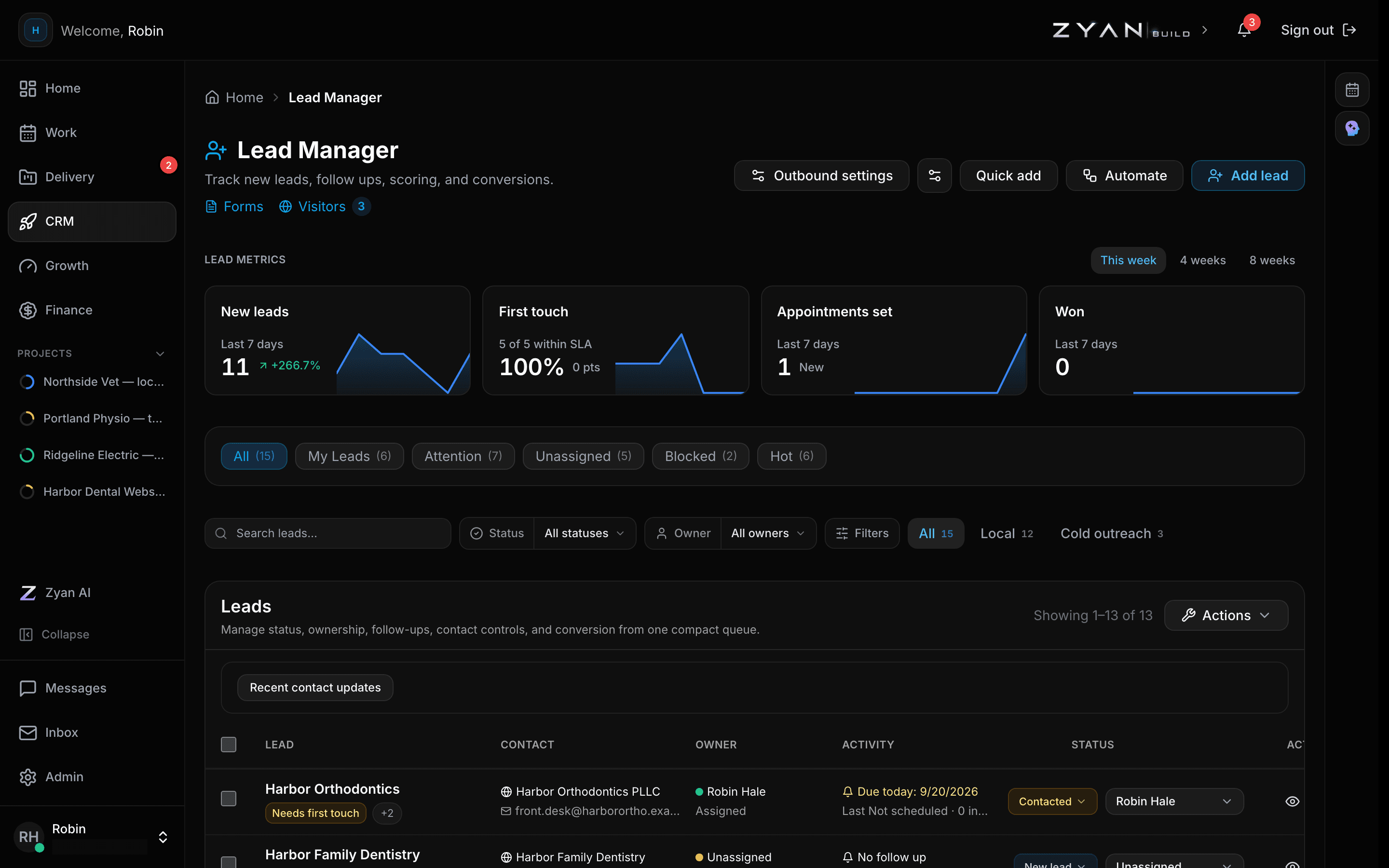The Lead Manager queue with the metric cards, the queue lenses, the filter bar and the lead table