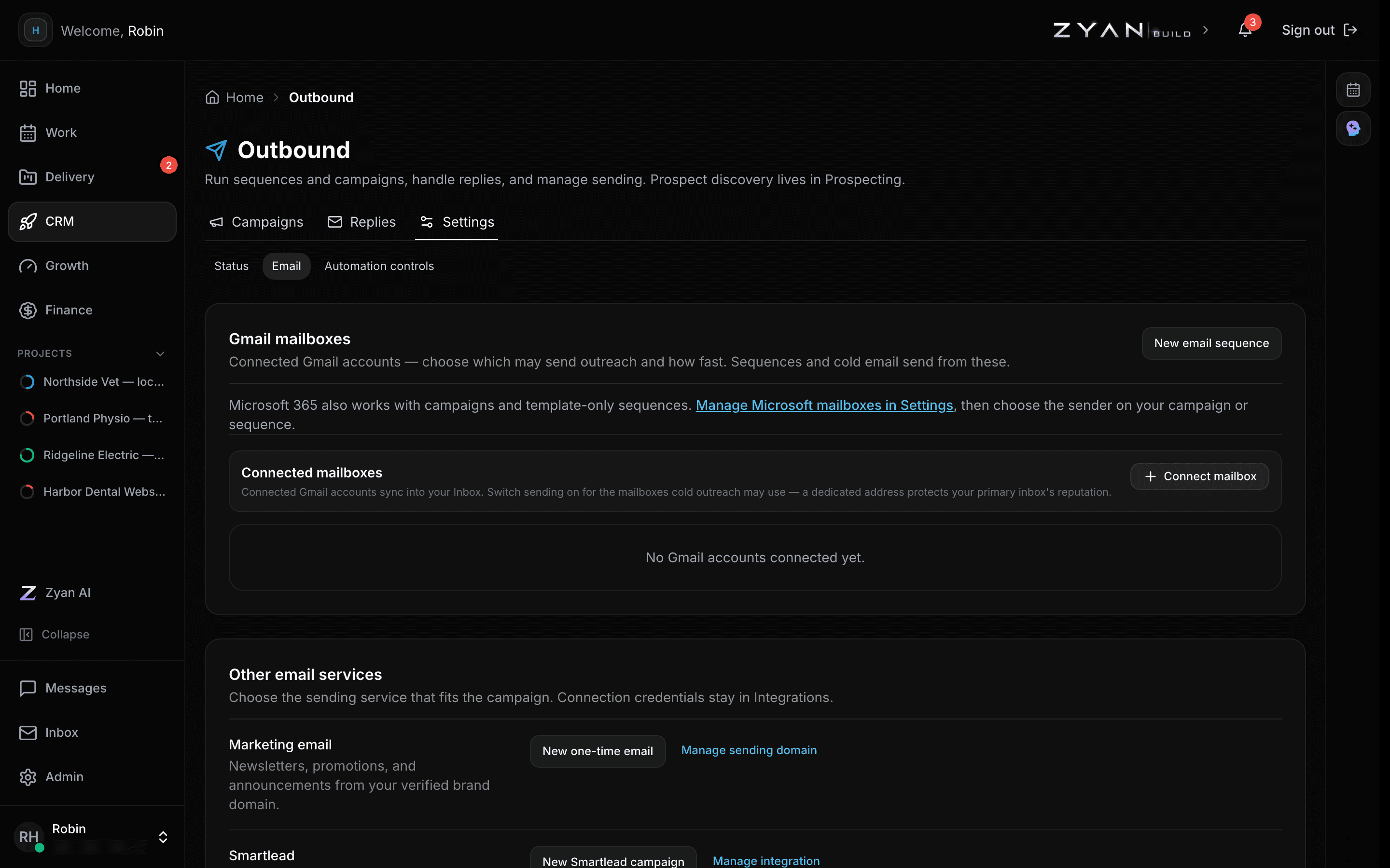 The Email sub-tab of Outbound settings, showing the connected mailbox and its sending controls