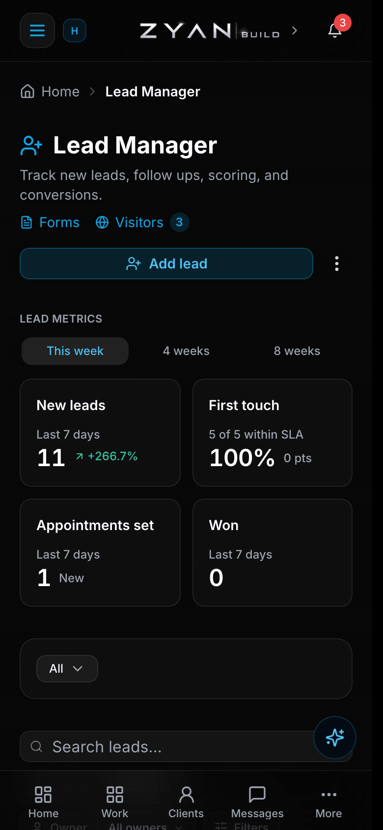The Lead Manager on a phone, with the metric cards stacked and the bottom tab bar