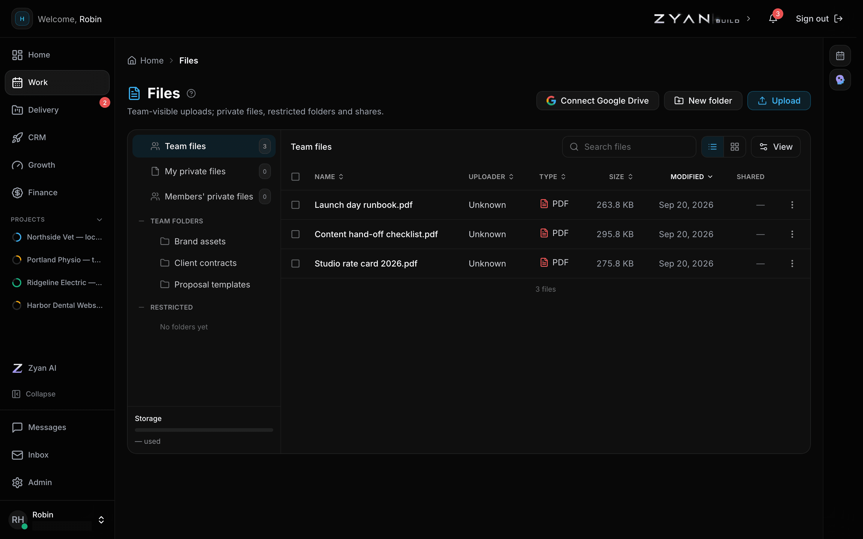 The Files page with team folders in the rail and team-visible files listed with uploader, type, size and date