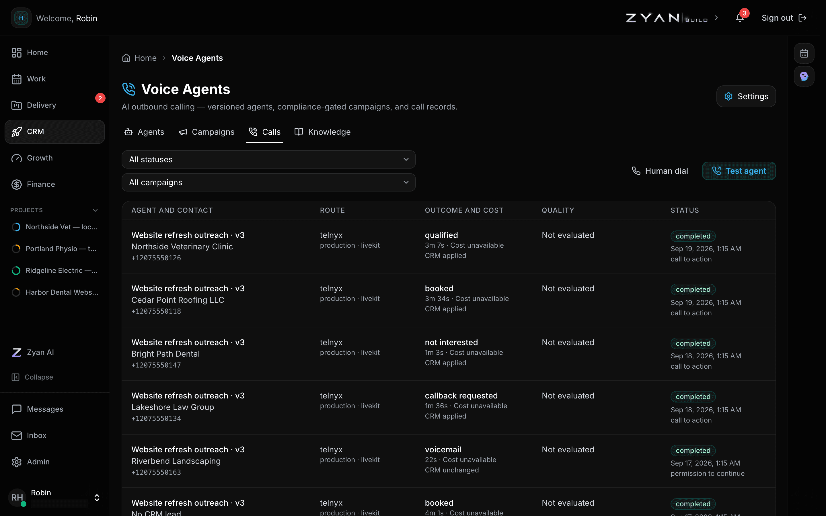 The Calls tab listing completed calls with their agent version, contact, duration, outcome and status